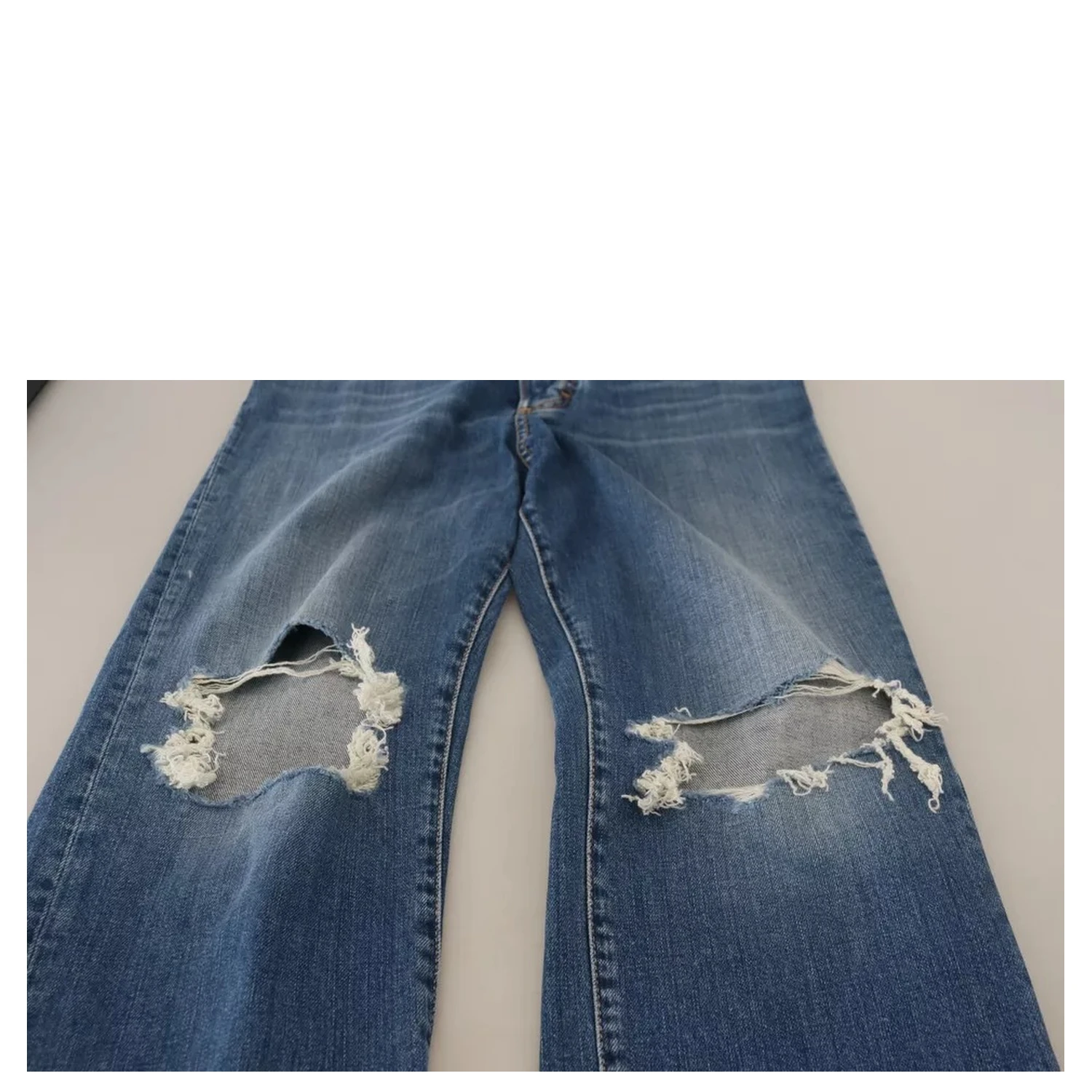 Blue Distressed High Waist Straight Denim Jeans