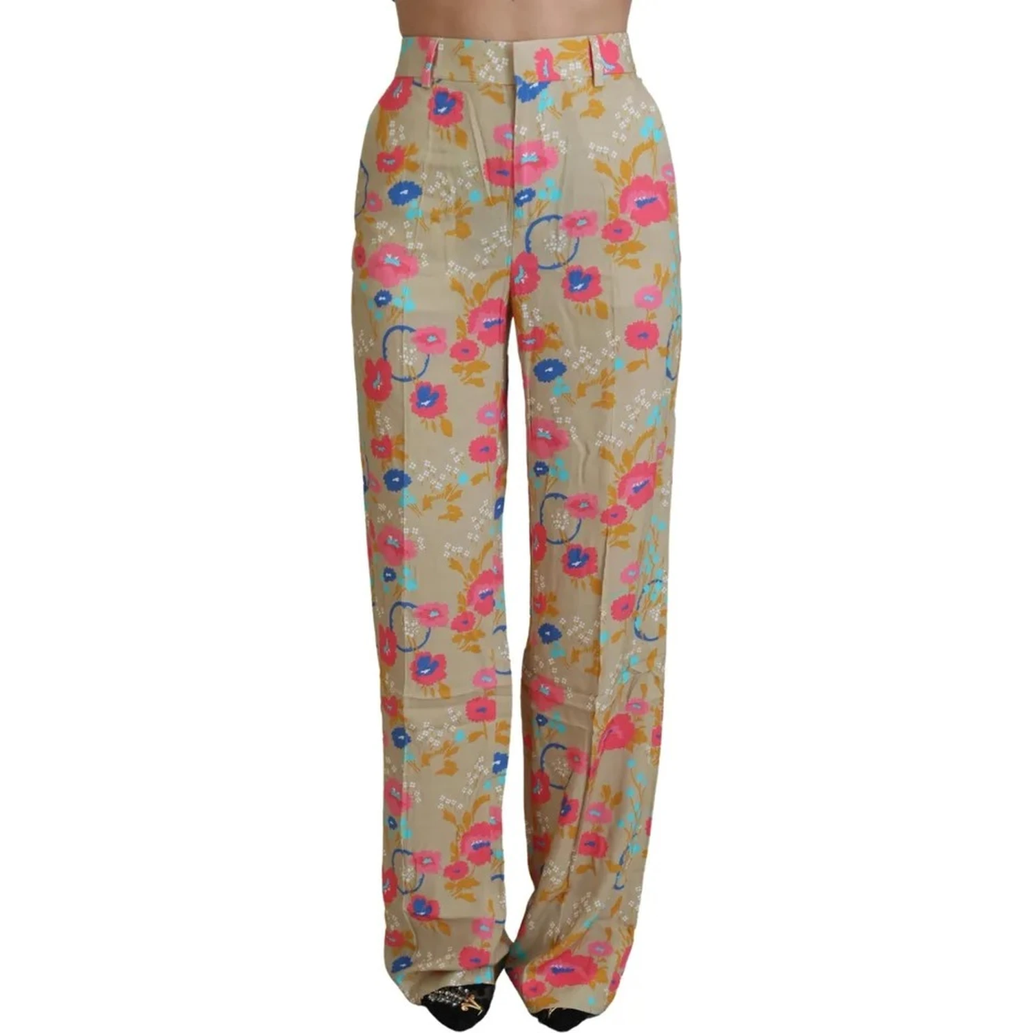 Beige Floral High Waist Straight Pants