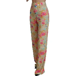 Beige Floral High Waist Straight Pants