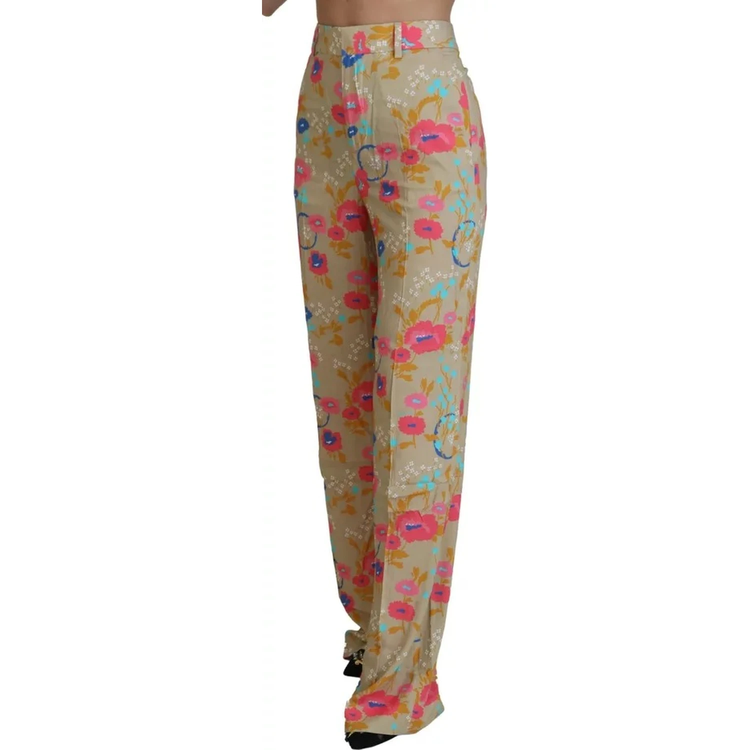 Beige Floral High Waist Straight Pants