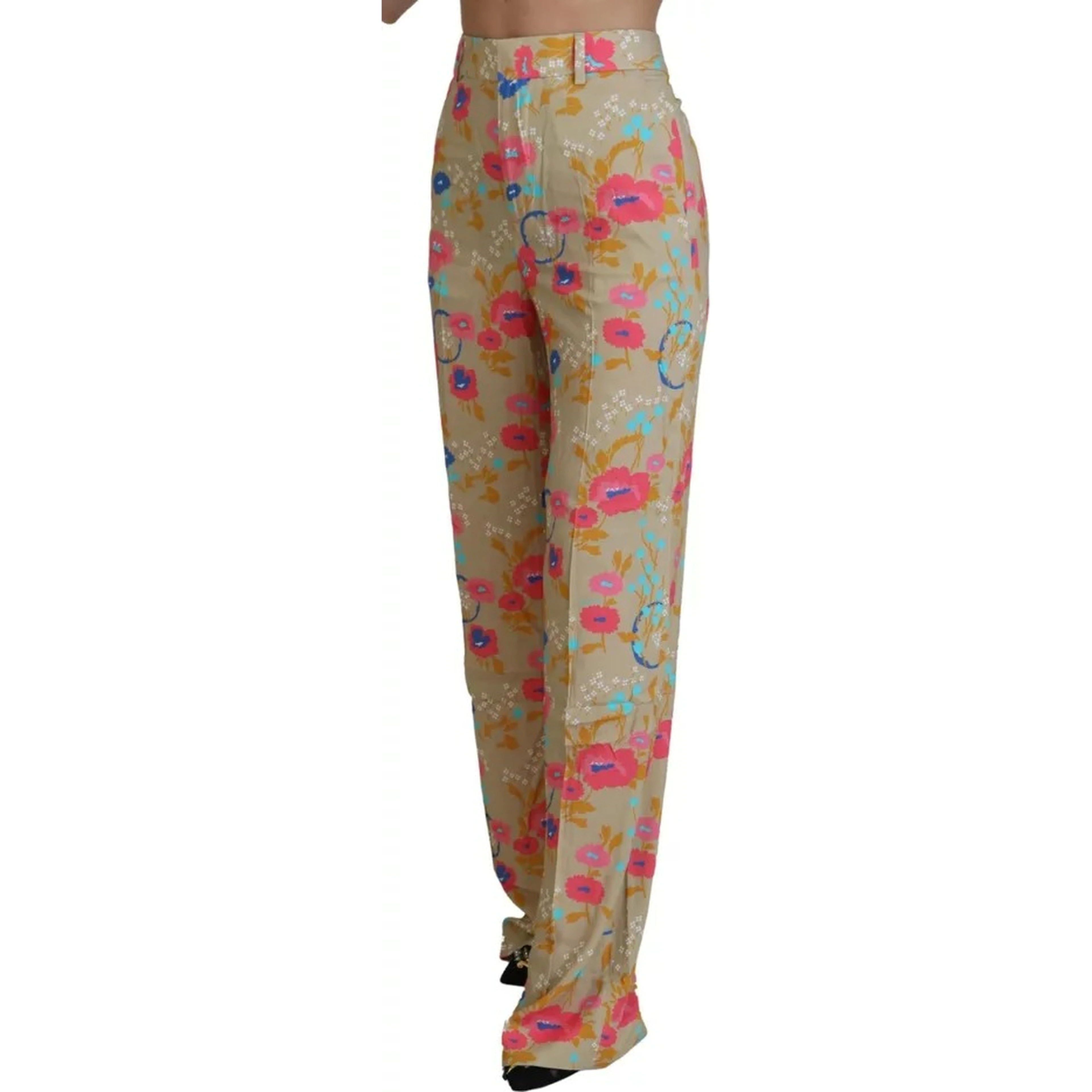 Beige Floral High Waist Straight Pants
