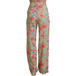 Beige Floral High Waist Straight Pants
