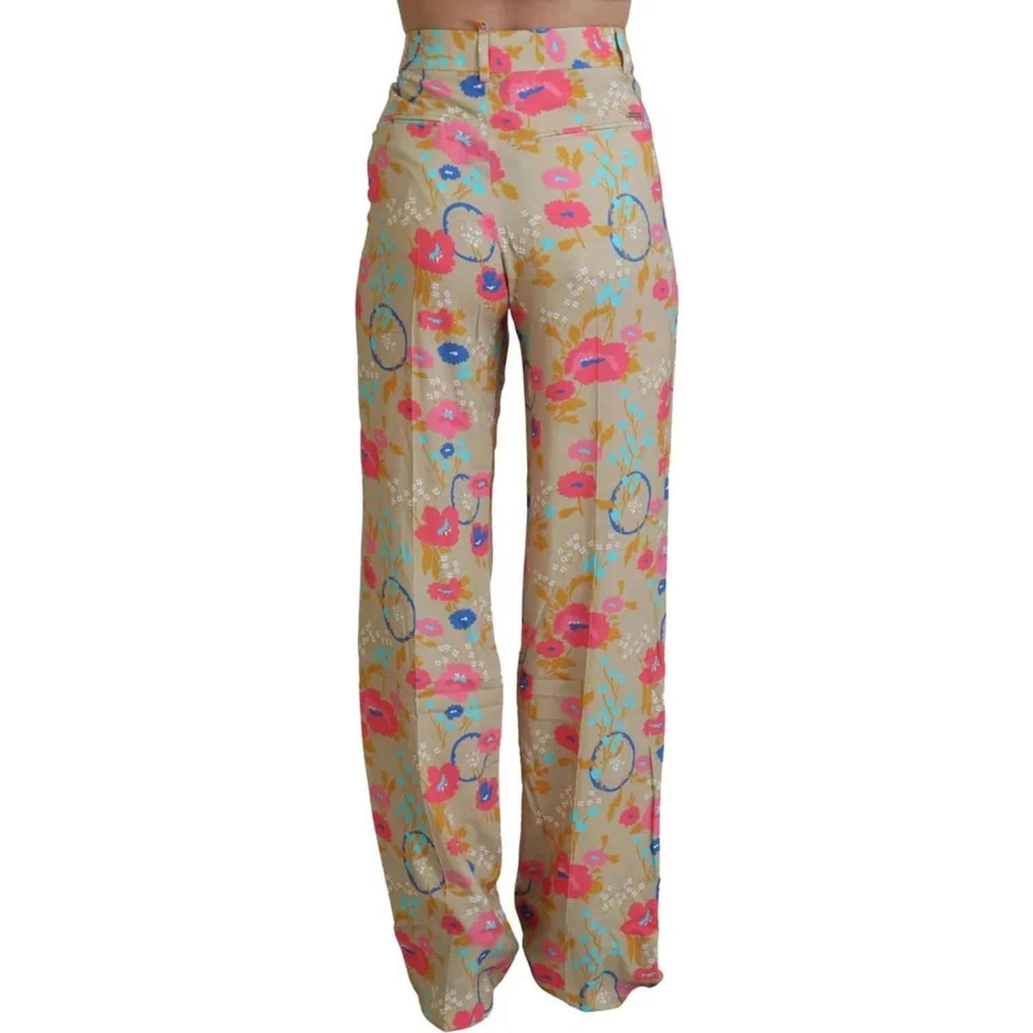 Beige Floral High Waist Straight Pants