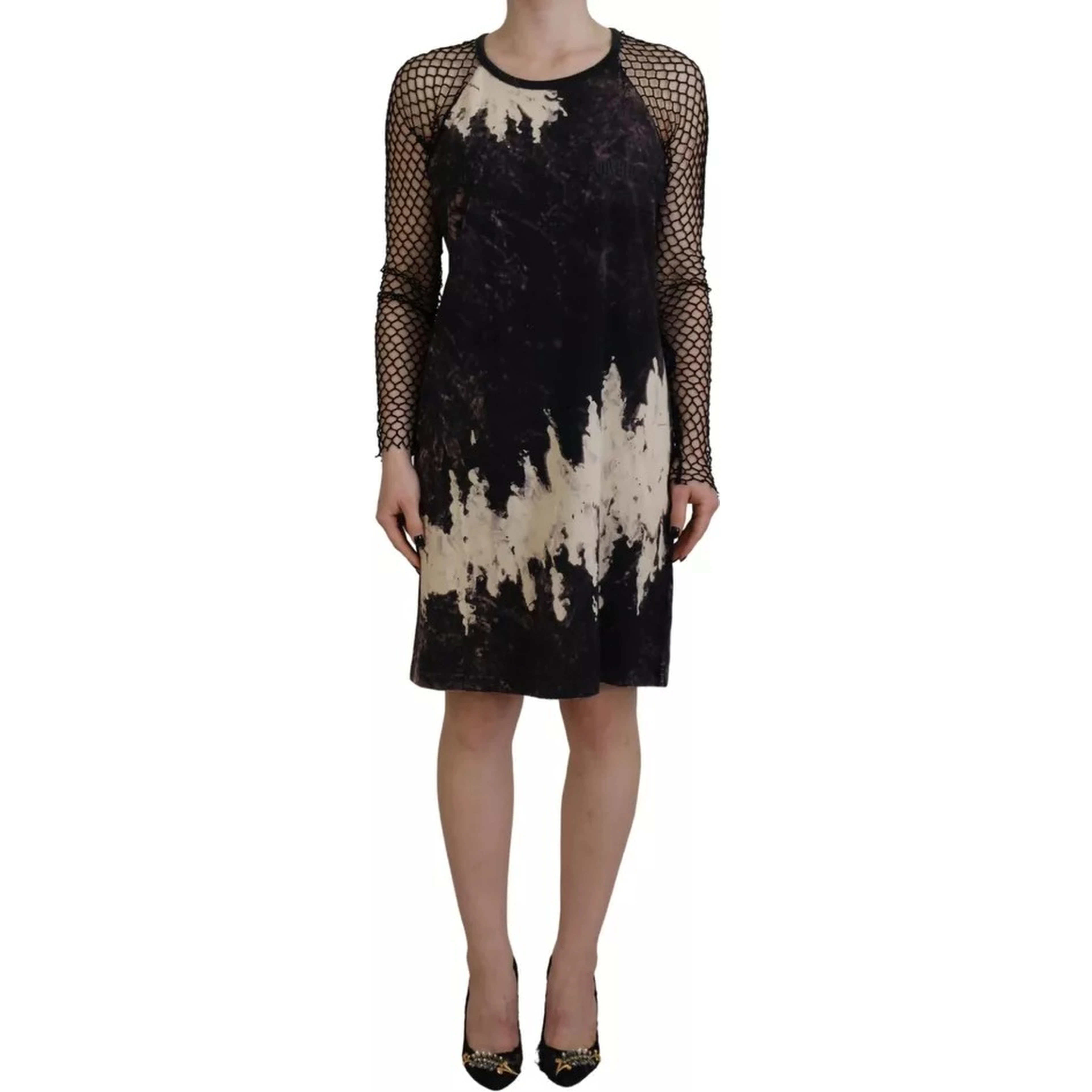 Black Tie Dye Mesh Long Sleeves Cotton Shift Dress