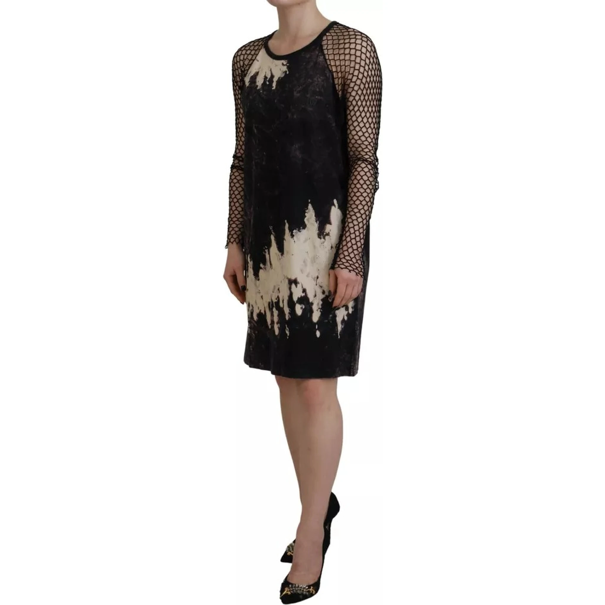 Black Tie Dye Mesh Long Sleeves Cotton Shift Dress