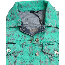 Green Cotton Tie Dye Cropped Cropped Denim Jacket