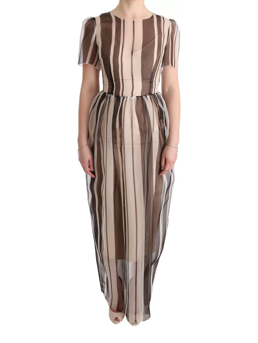 Beige Brown Striped Silk Sheath Dress