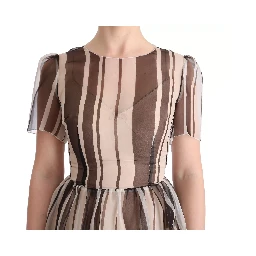 Beige Brown Striped Silk Sheath Dress