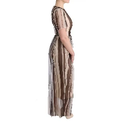 Beige Brown Striped Silk Sheath Dress