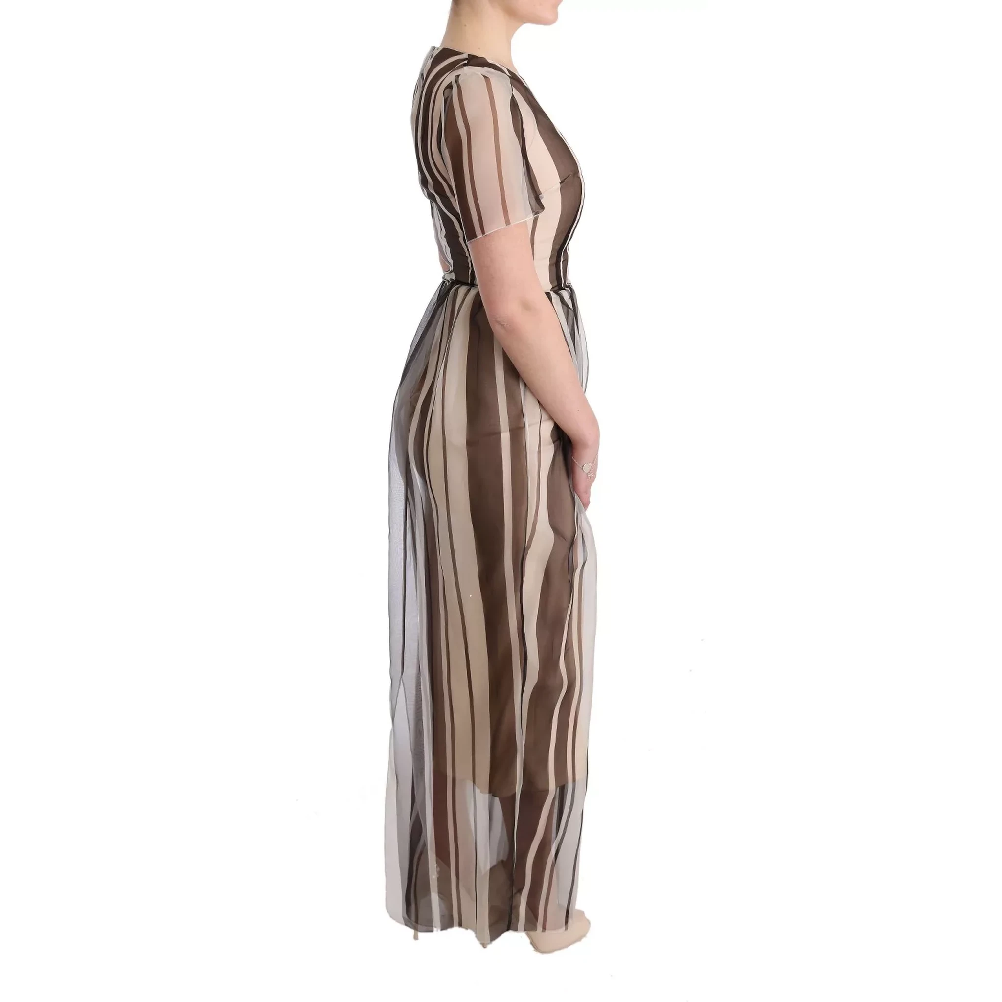 Beige Brown Striped Silk Sheath Dress