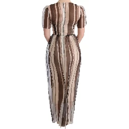 Beige Brown Striped Silk Sheath Dress