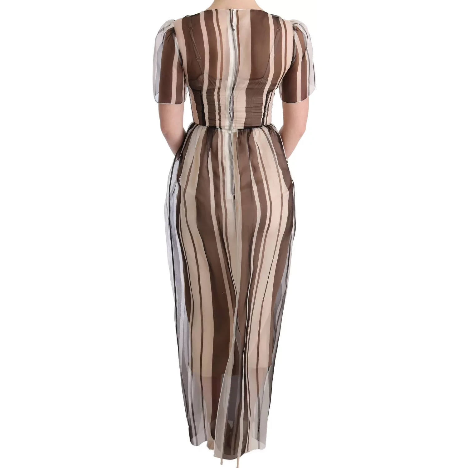 Beige Brown Striped Silk Sheath Dress