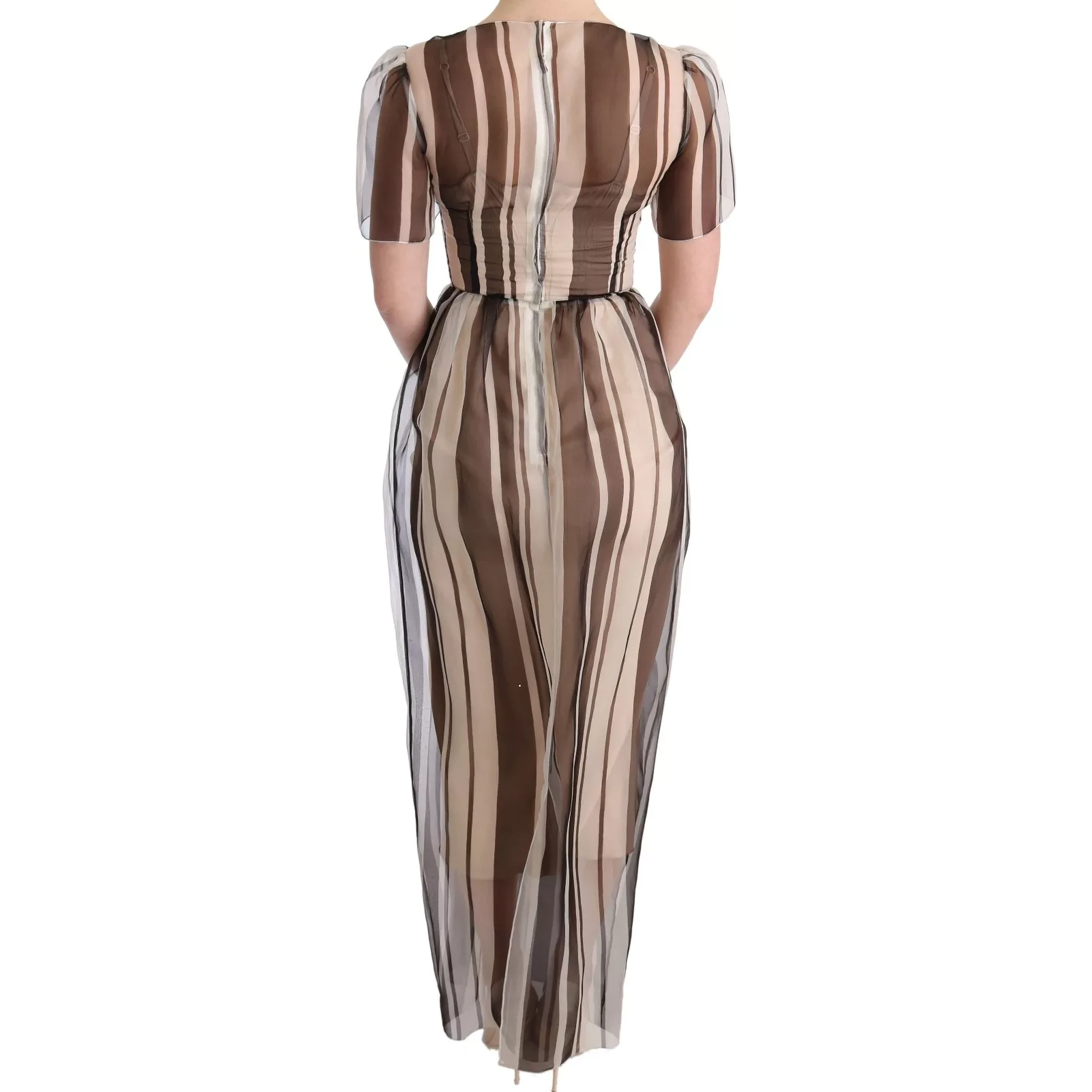 Beige Brown Striped Silk Sheath Dress