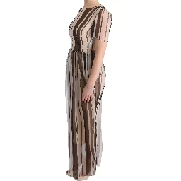 Beige Brown Striped Silk Sheath Dress