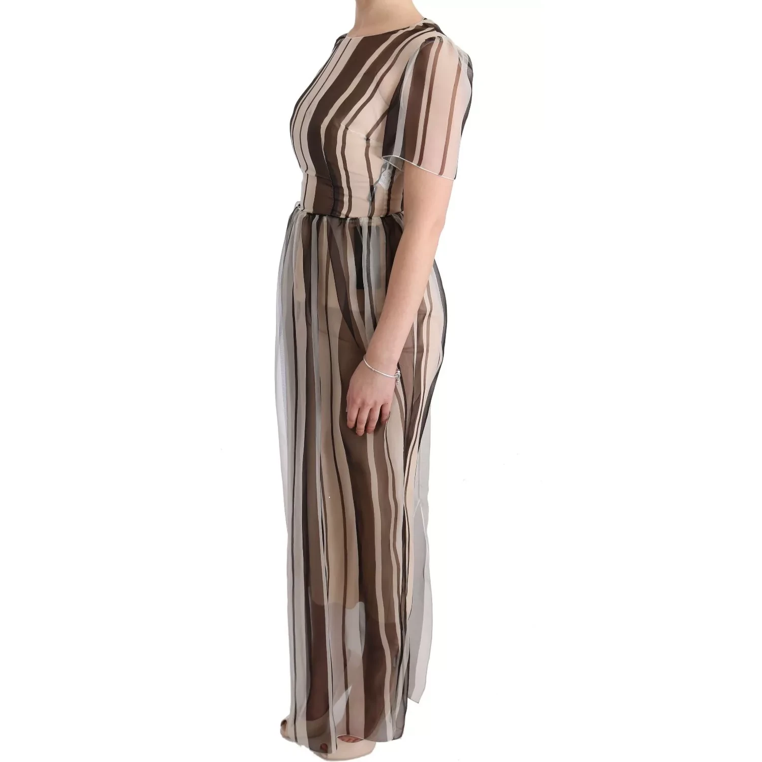 Beige Brown Striped Silk Sheath Dress