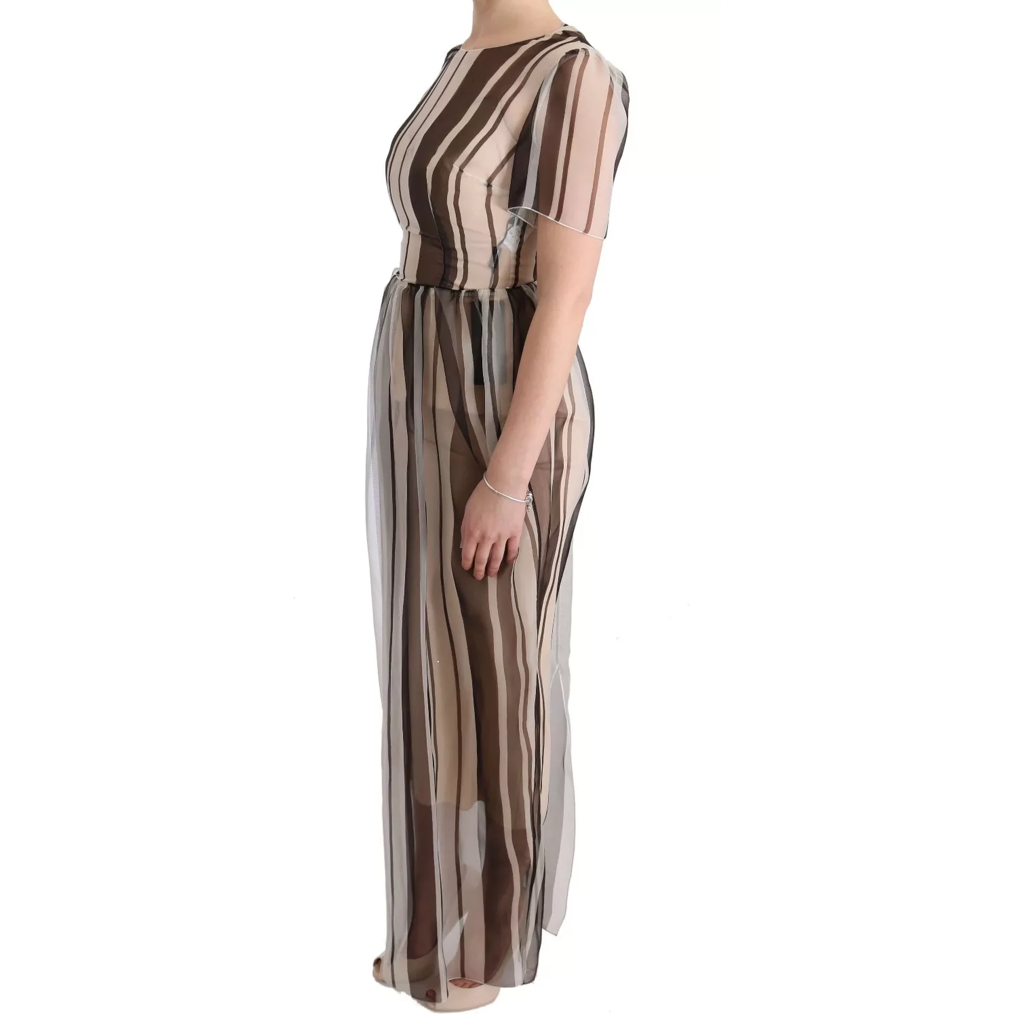 Beige Brown Striped Silk Sheath Dress