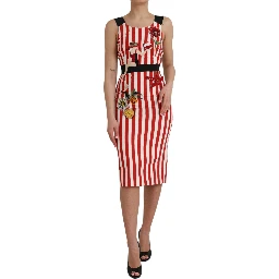Red White Floral Sleeveless Sheath Midi Dress