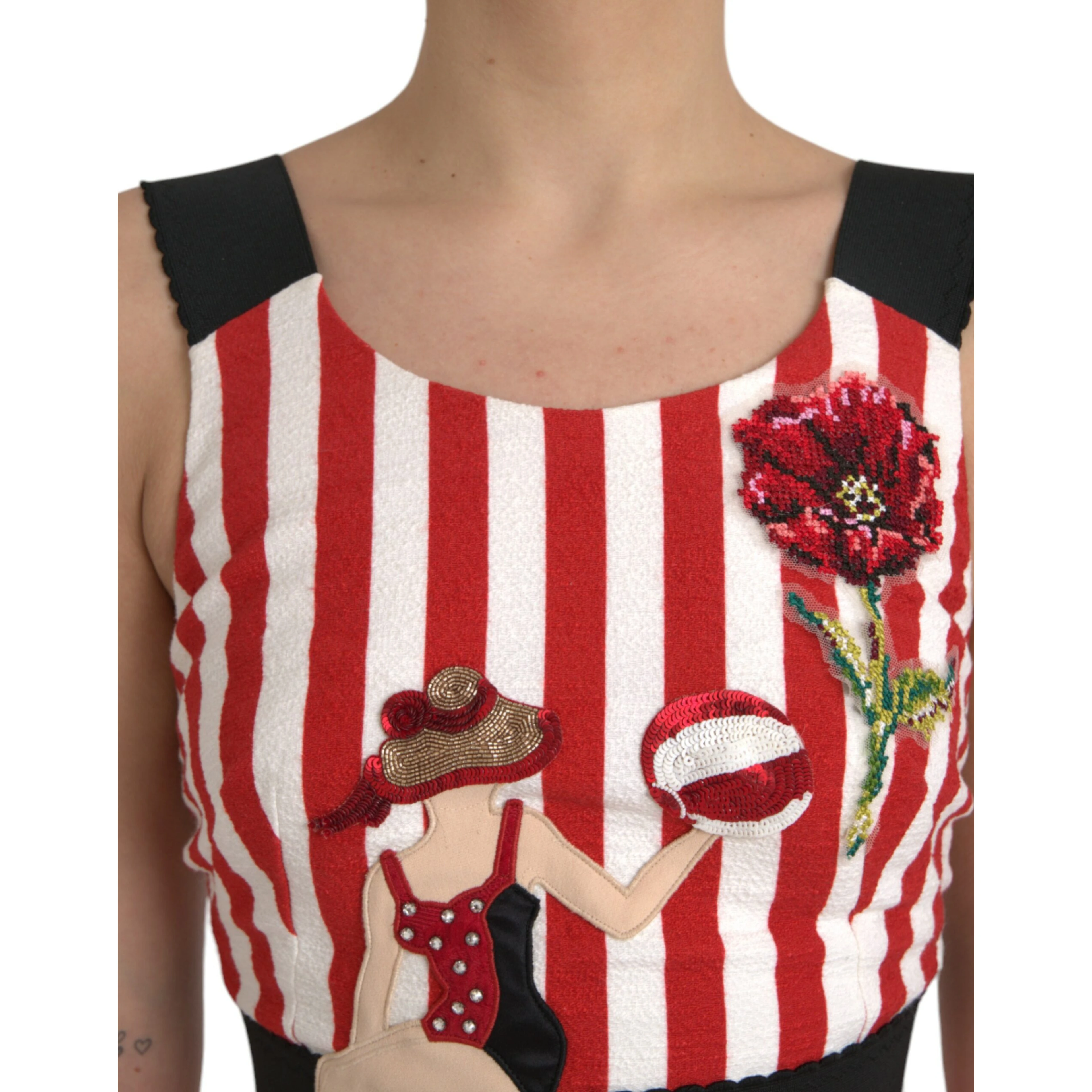 Red White Floral Sleeveless Sheath Midi Dress