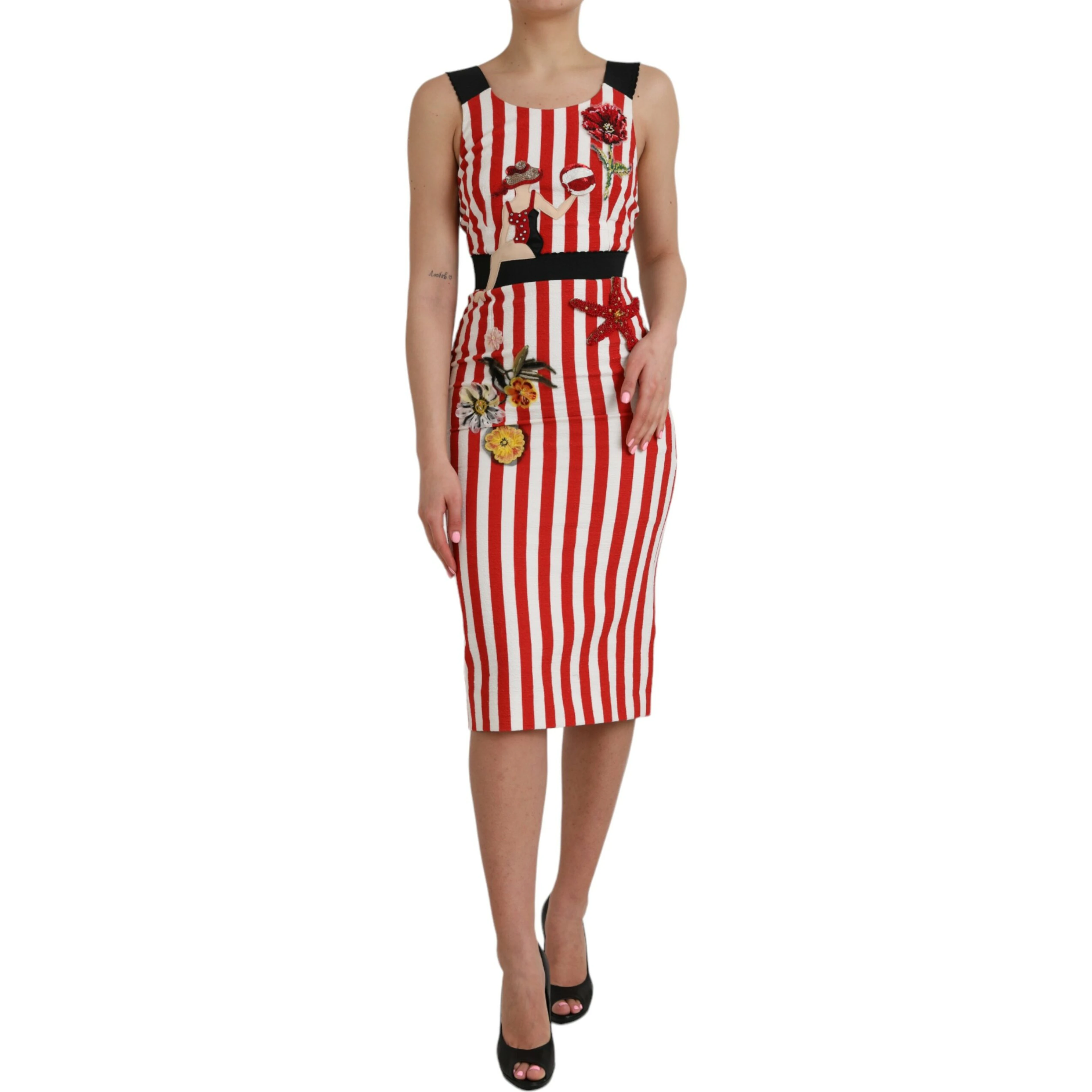 Red White Floral Sleeveless Sheath Midi Dress