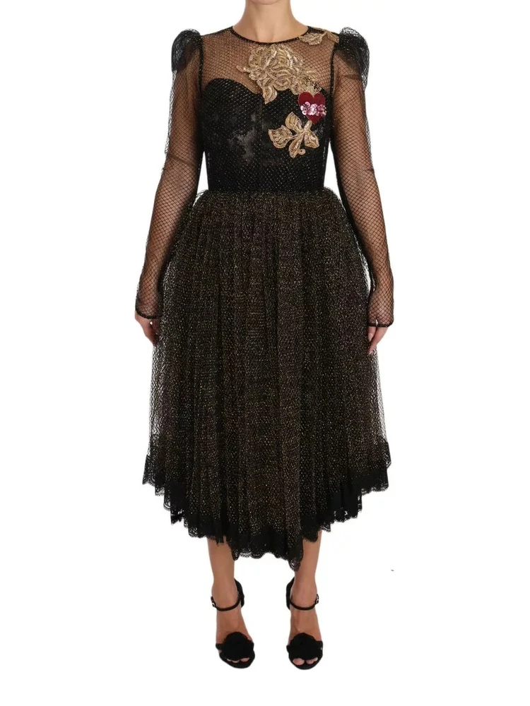 Black Gold Crystal Heart A-line Dress