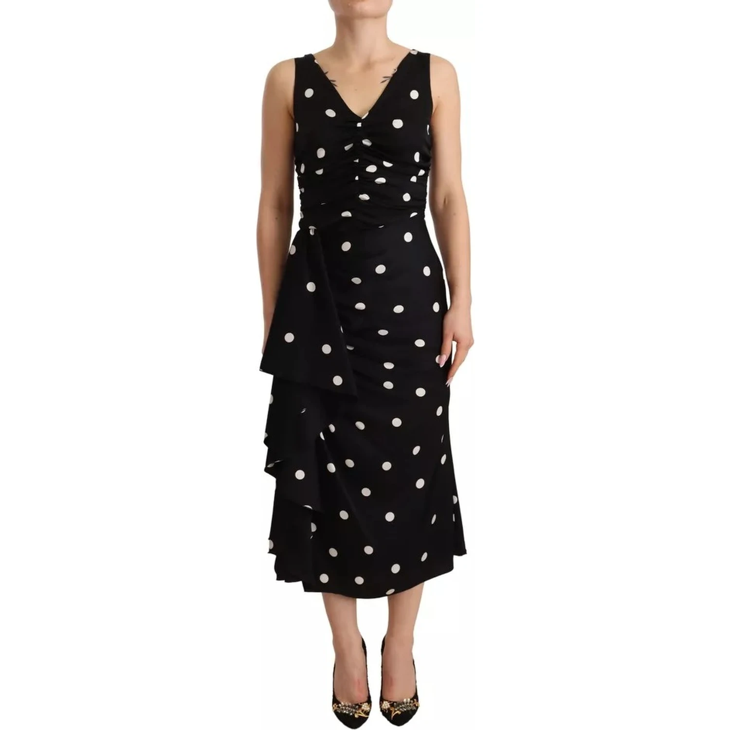 Black Silk Polka Dots V-neck Sheath Midi Dress