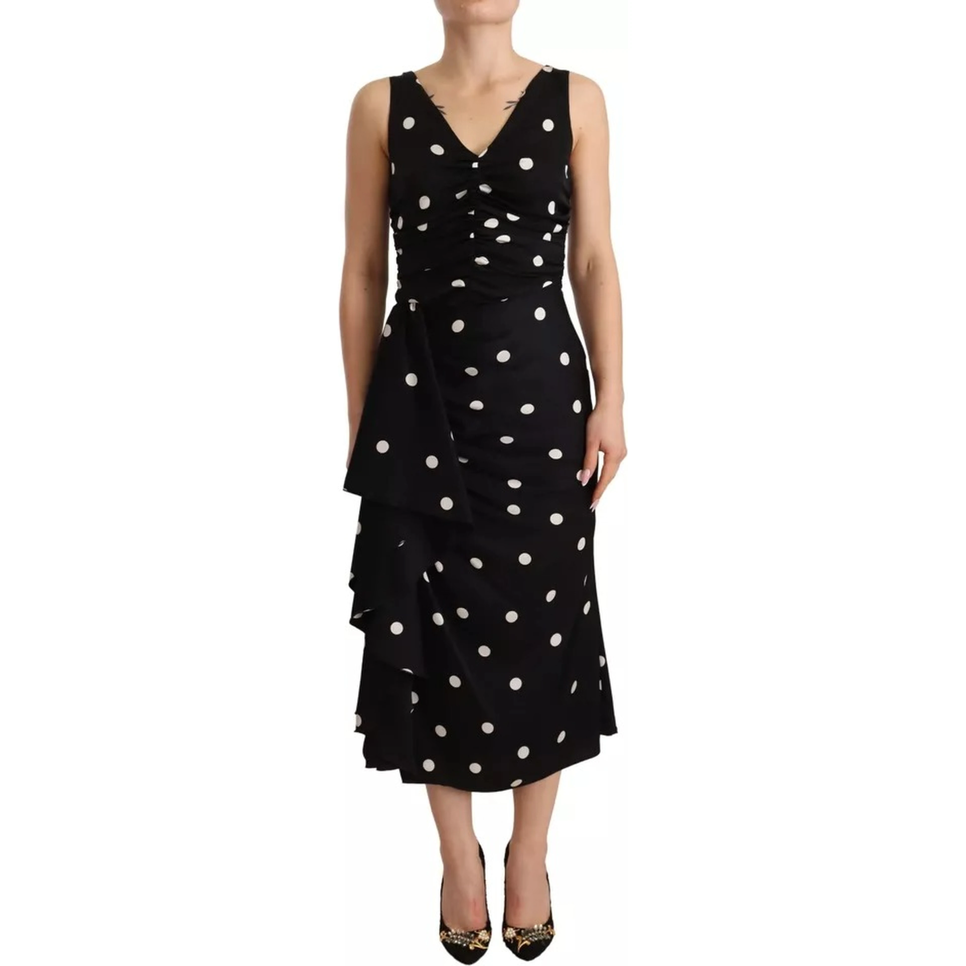 Black Silk Polka Dots V-neck Sheath Midi Dress