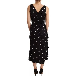 Black Silk Polka Dots V-neck Sheath Midi Dress