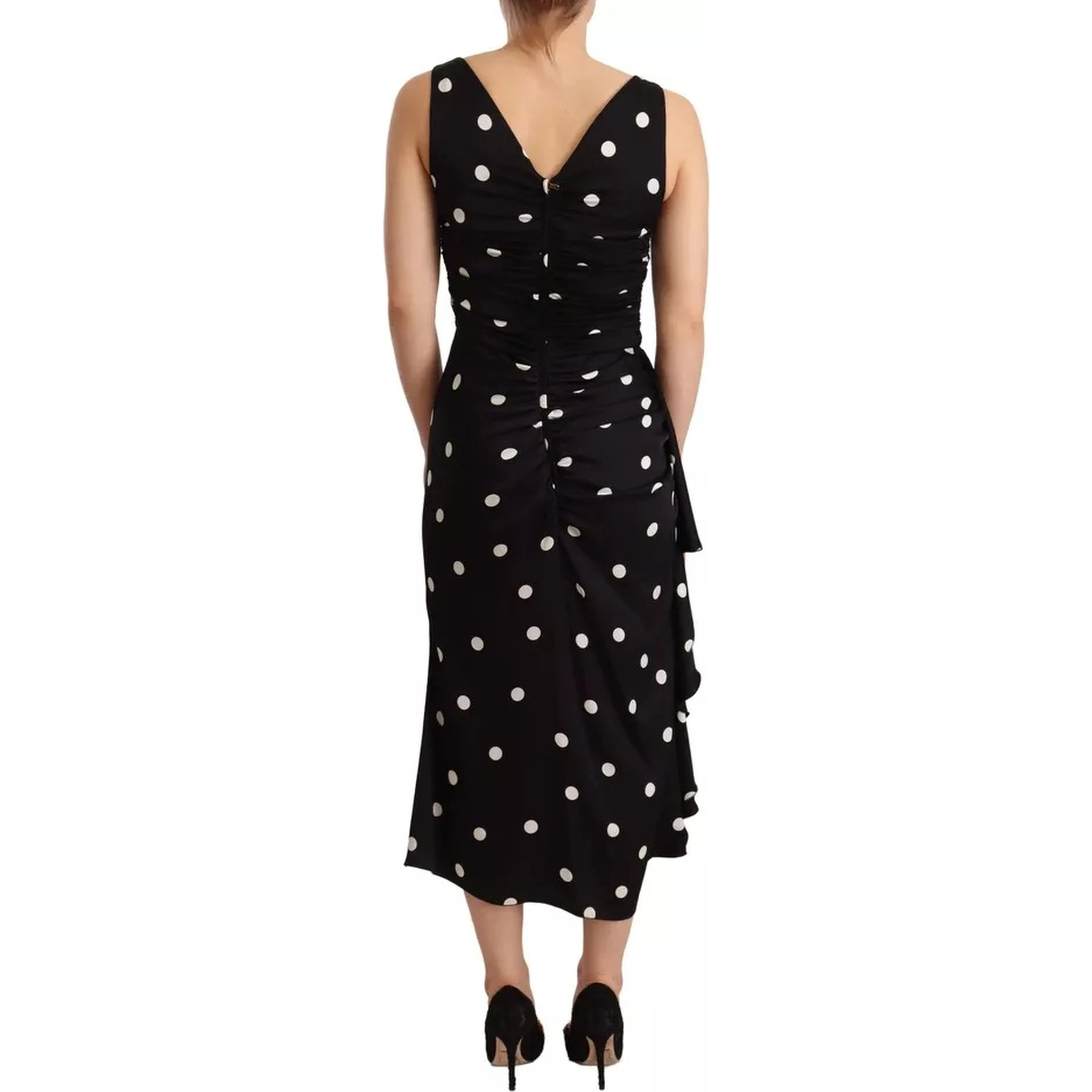 Black Silk Polka Dots V-neck Sheath Midi Dress