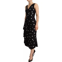 Black Silk Polka Dots V-neck Sheath Midi Dress