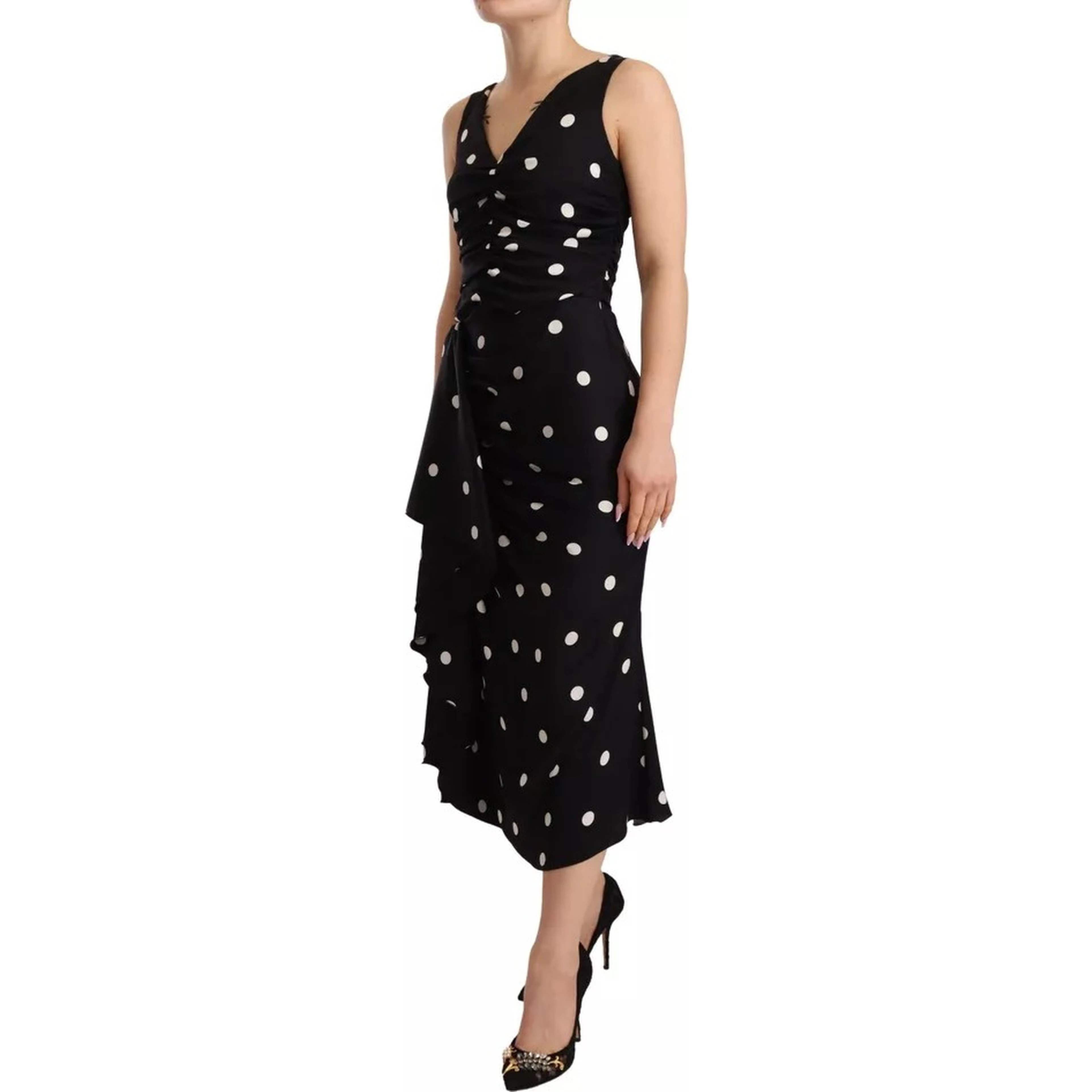 Black Silk Polka Dots V-neck Sheath Midi Dress