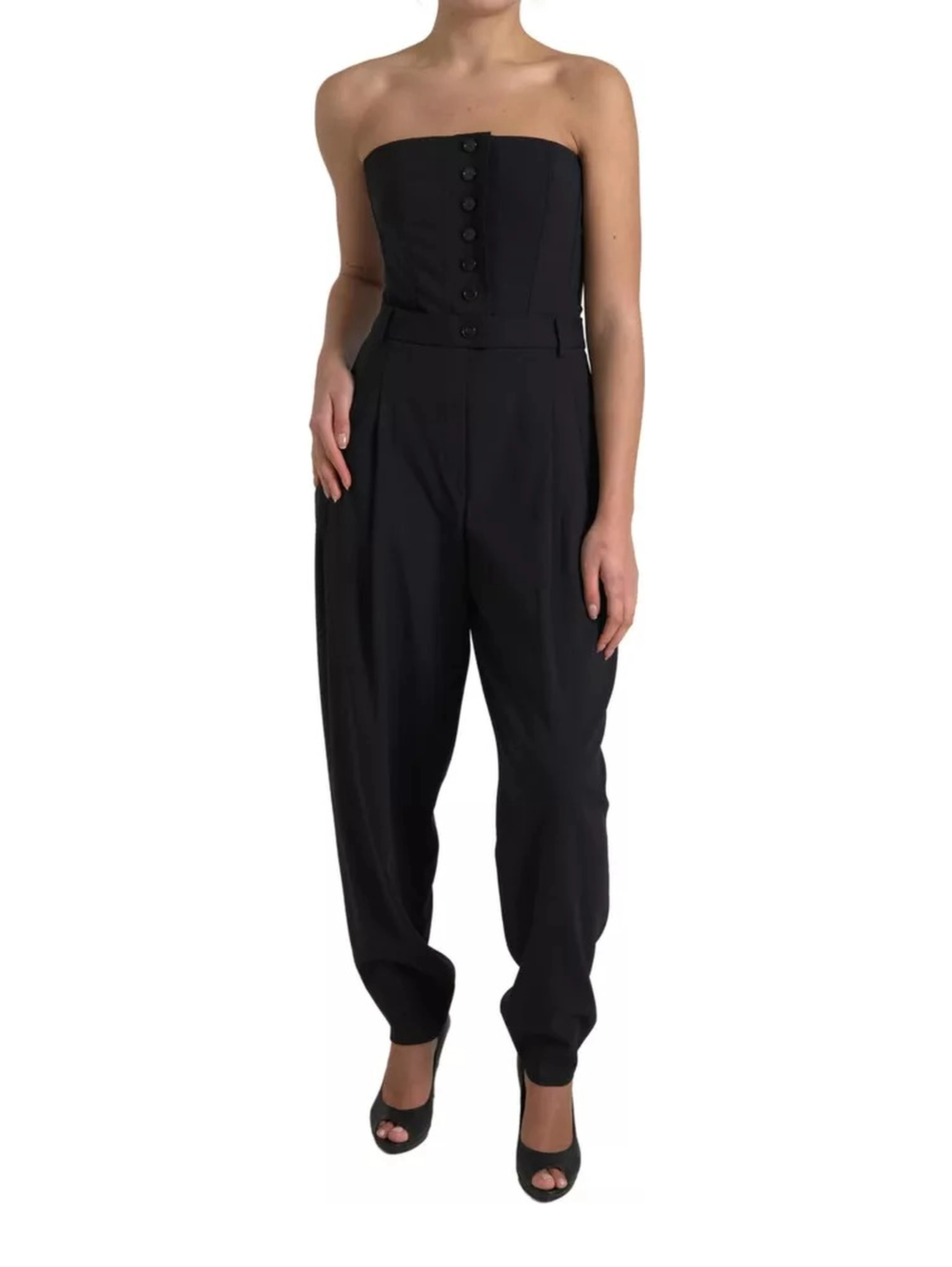 Black Wool Stretch Strapless Jumpsuit Dress