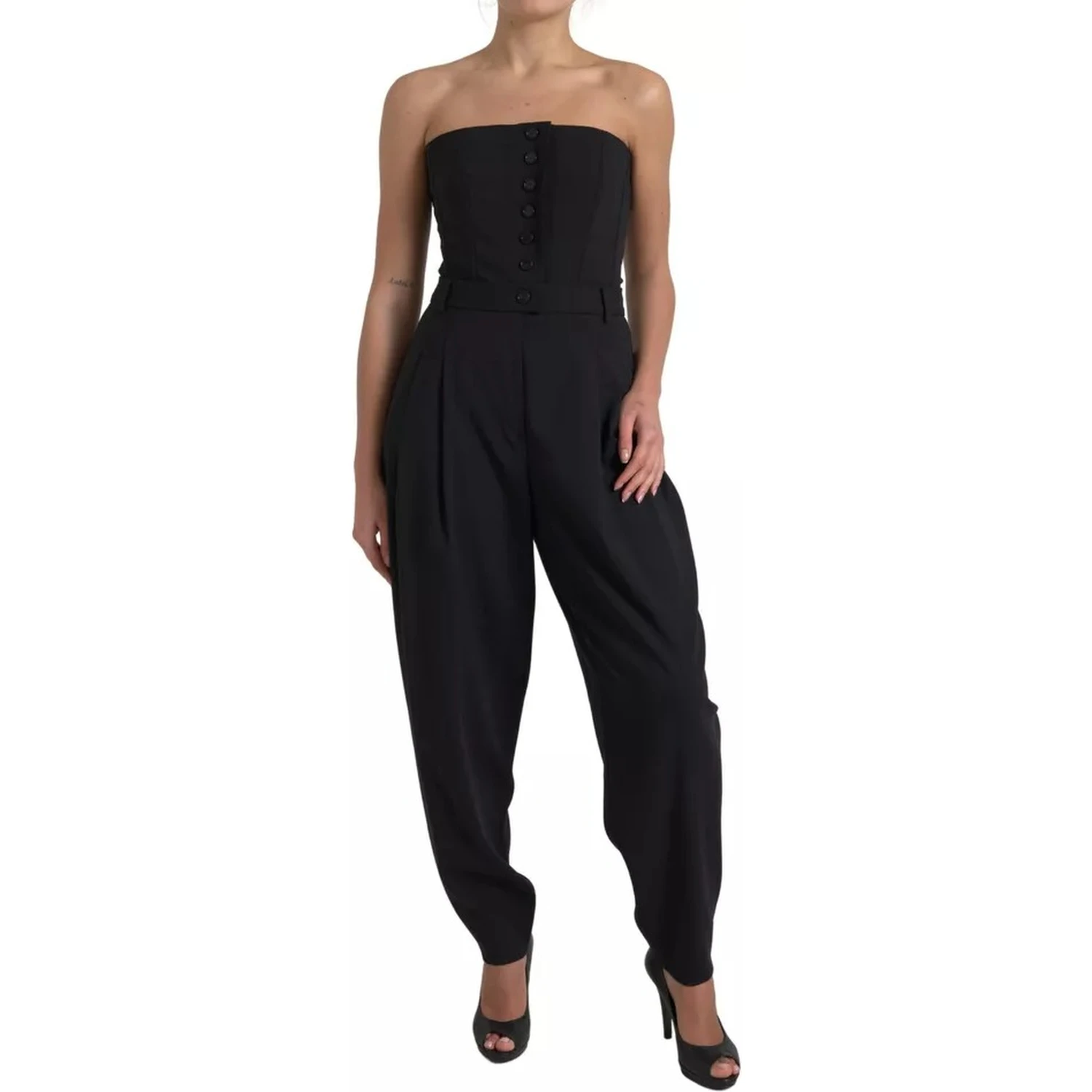 Black Wool Stretch Strapless Jumpsuit Dress