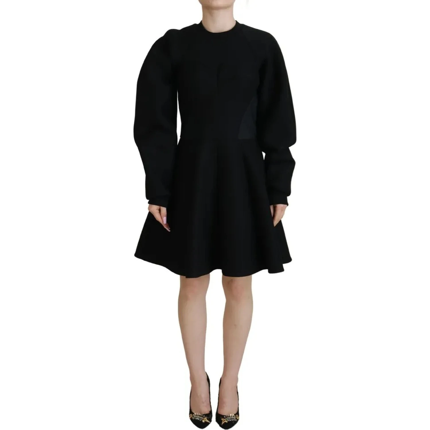 Cotton Black Long Sleeves A-line Mini Dress