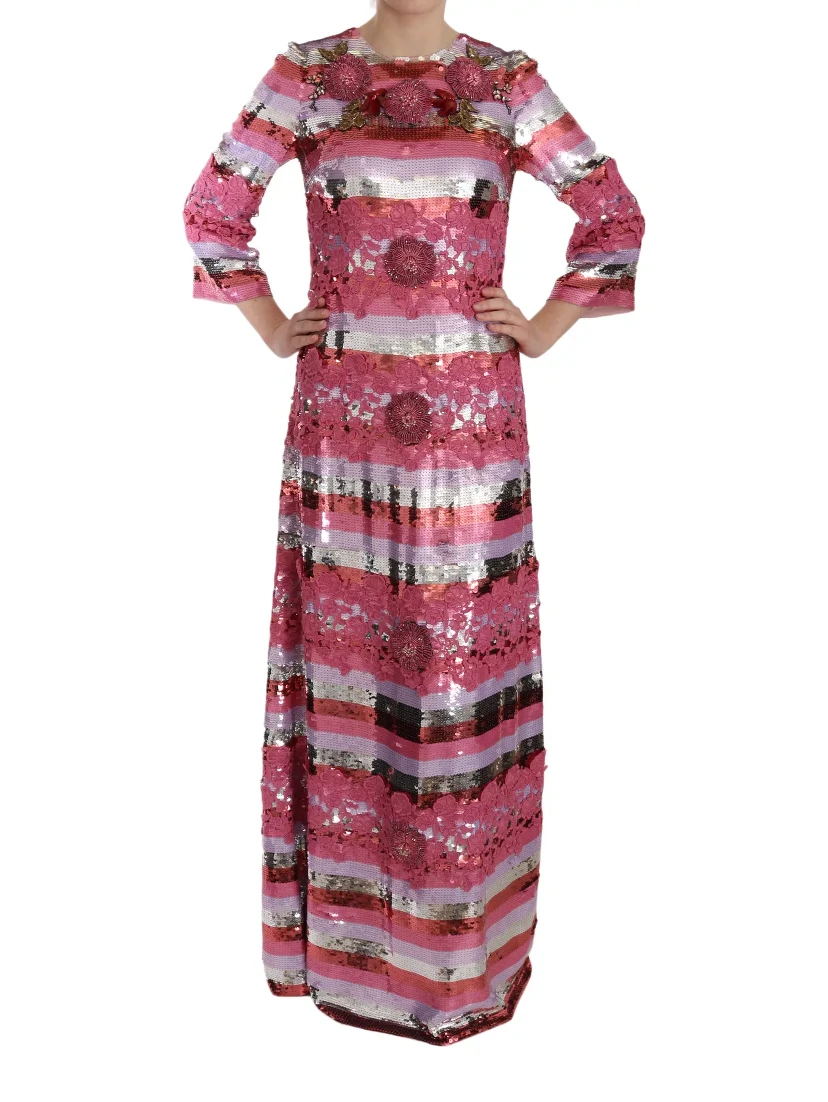 Pink Floral Sequined Crystal Gown Dress