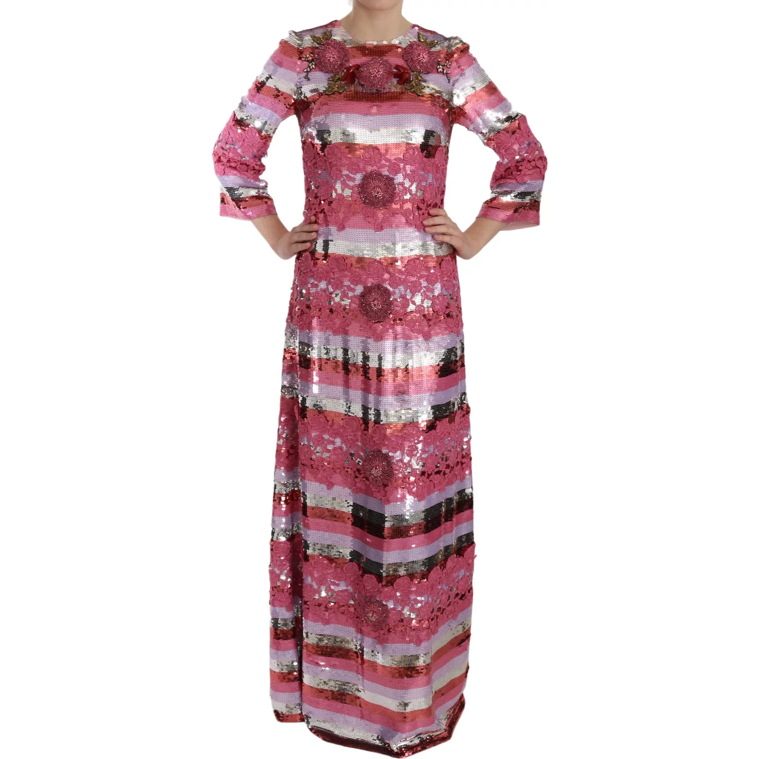 Pink Floral Sequined Crystal Gown Dress