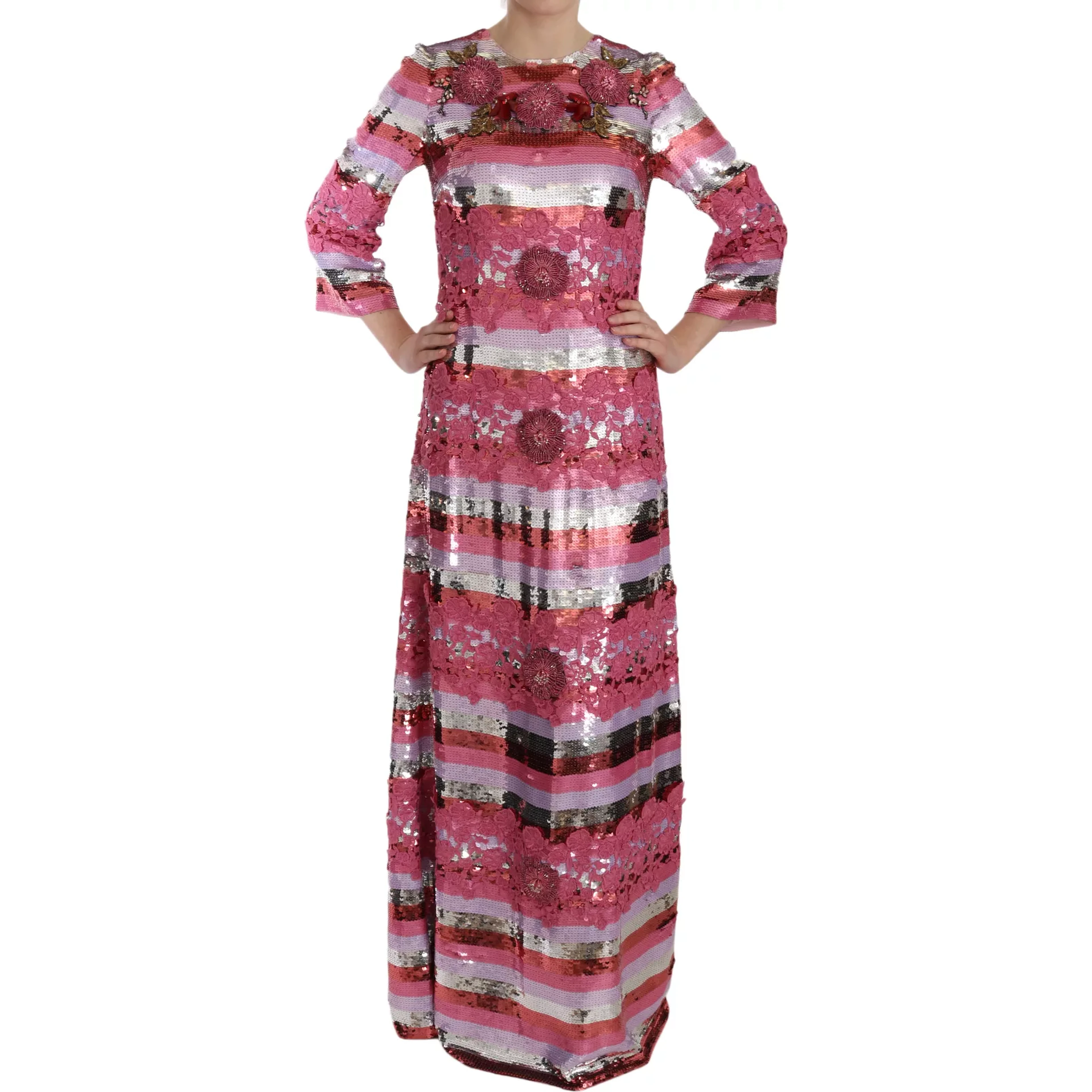 Pink Floral Sequined Crystal Gown Dress