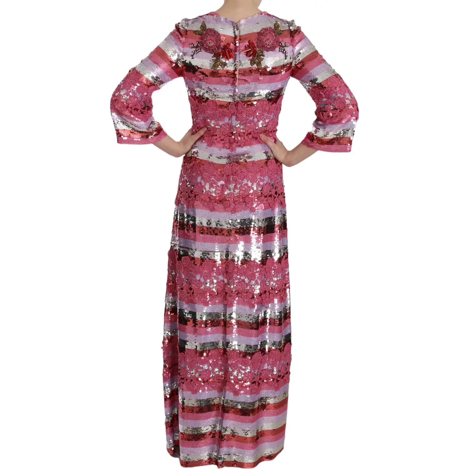 Pink Floral Sequined Crystal Gown Dress