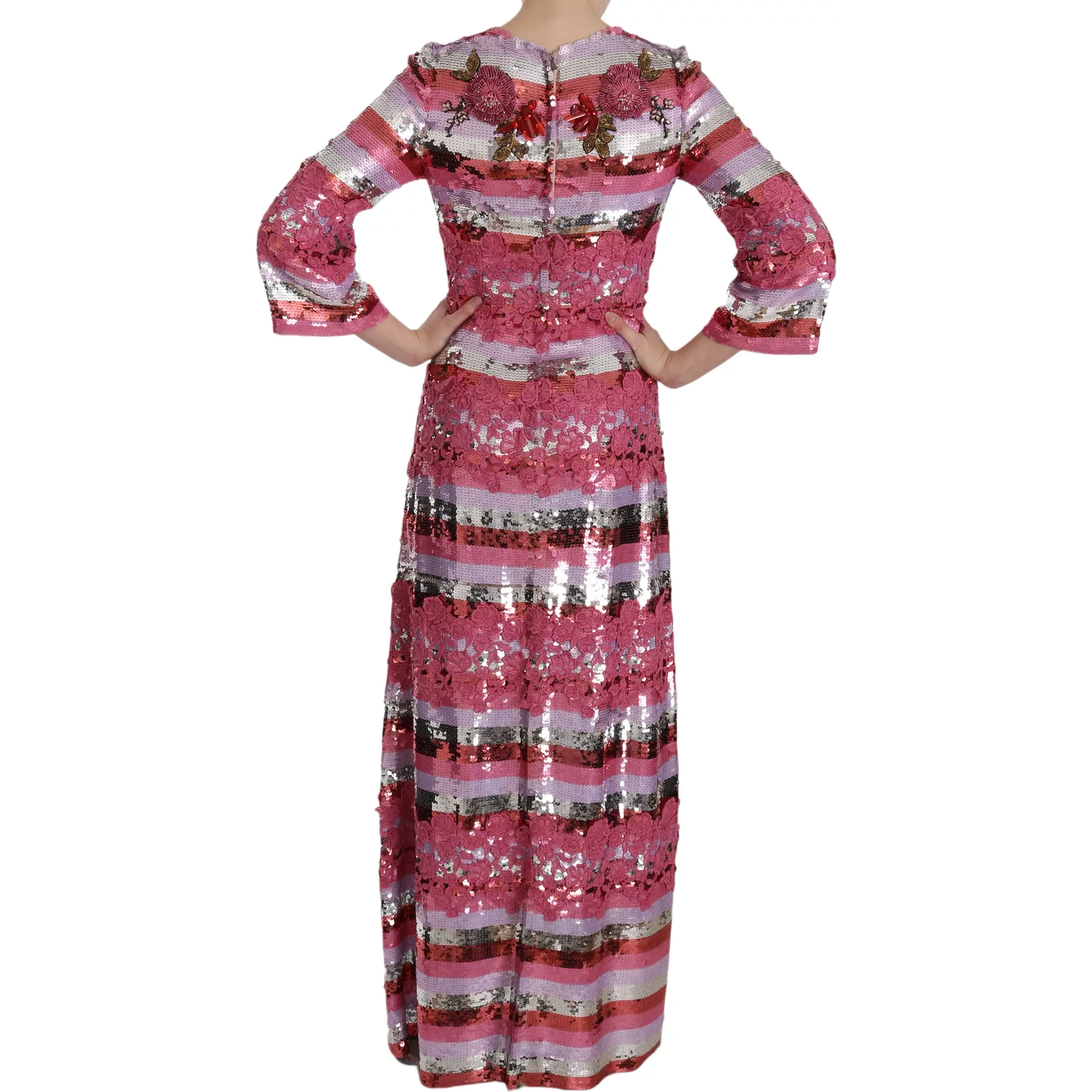 Pink Floral Sequined Crystal Gown Dress