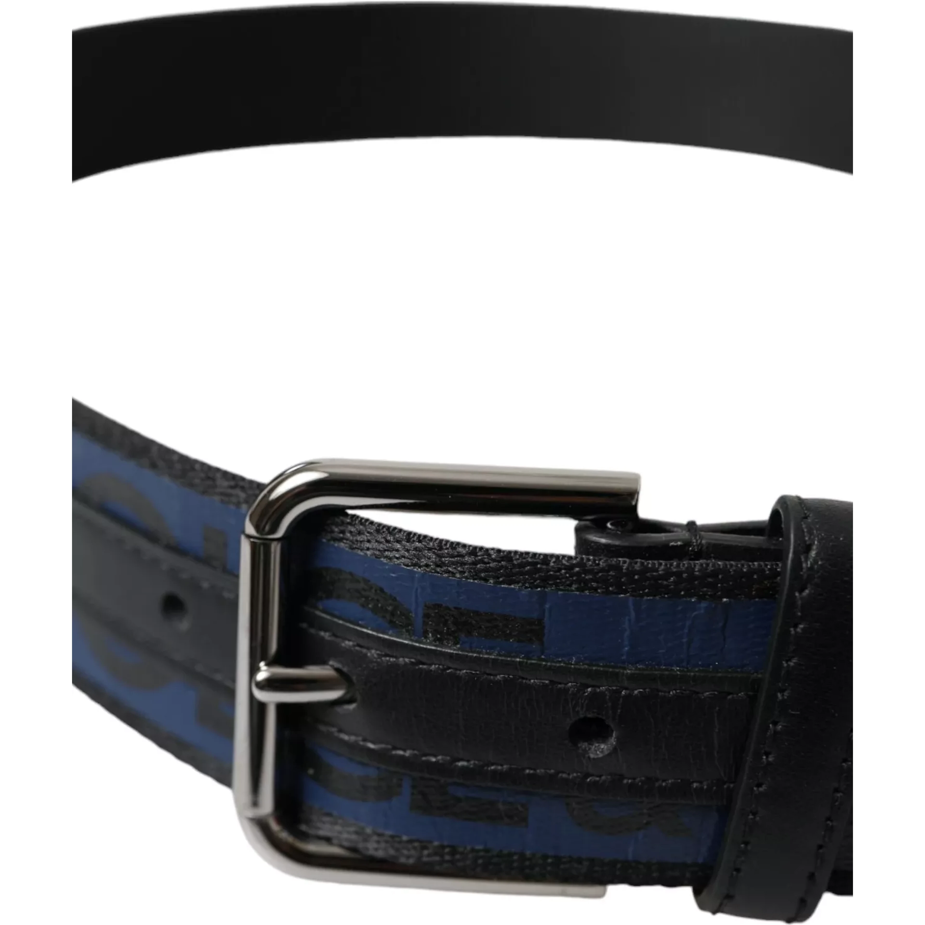 Black Blue Logo Silver Metal Buckle Belt