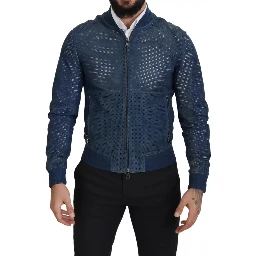 Blue Leather Perforated Full Zip Jacket