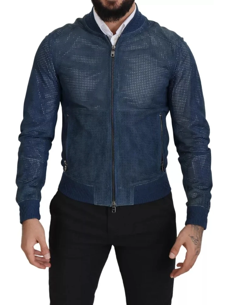 Blue Leather Perforated Full Zip Jacket