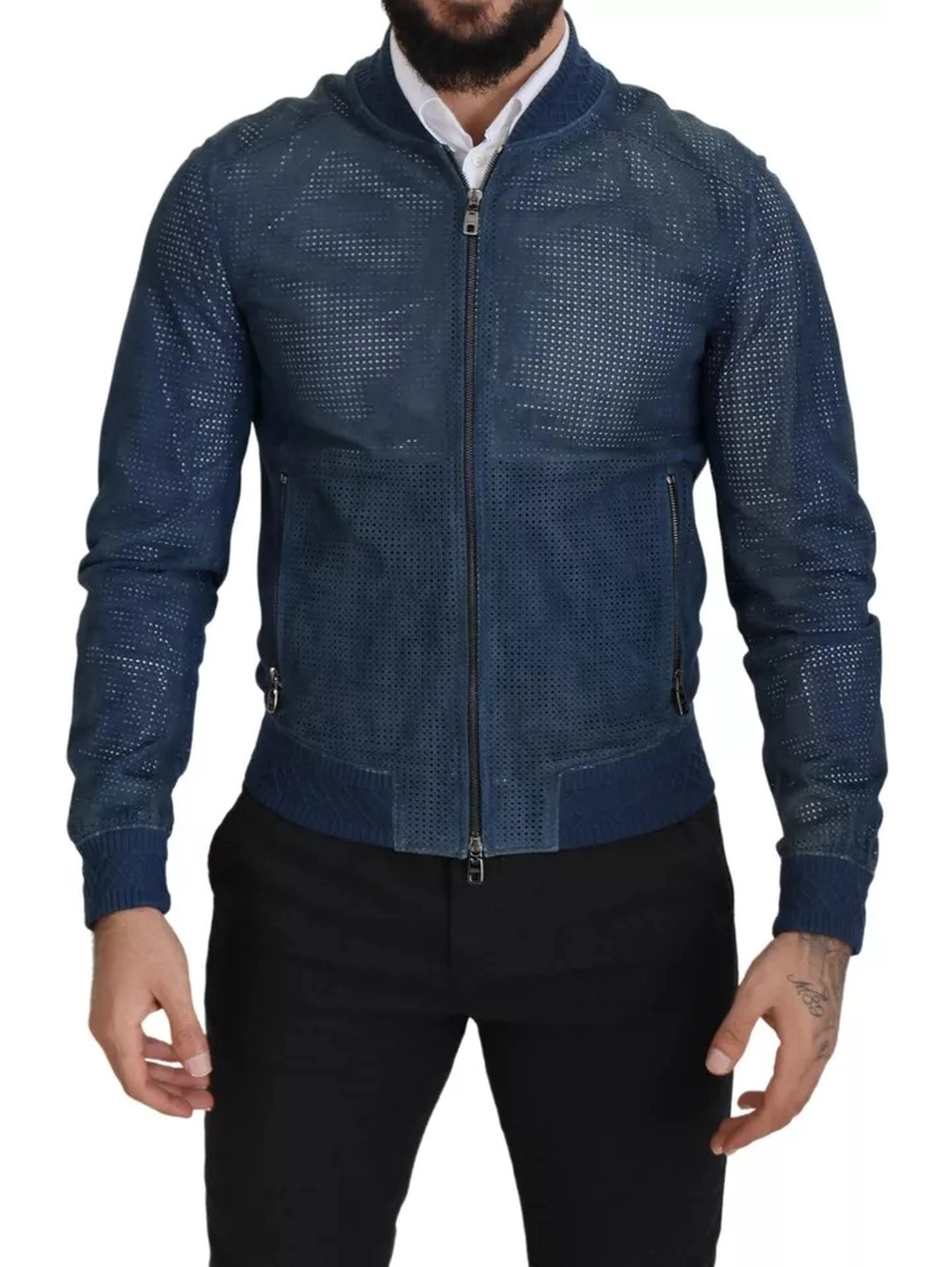 Blue Leather Perforated Full Zip Jacket