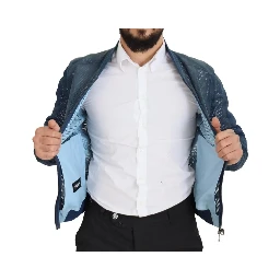 Blue Leather Perforated Full Zip Jacket