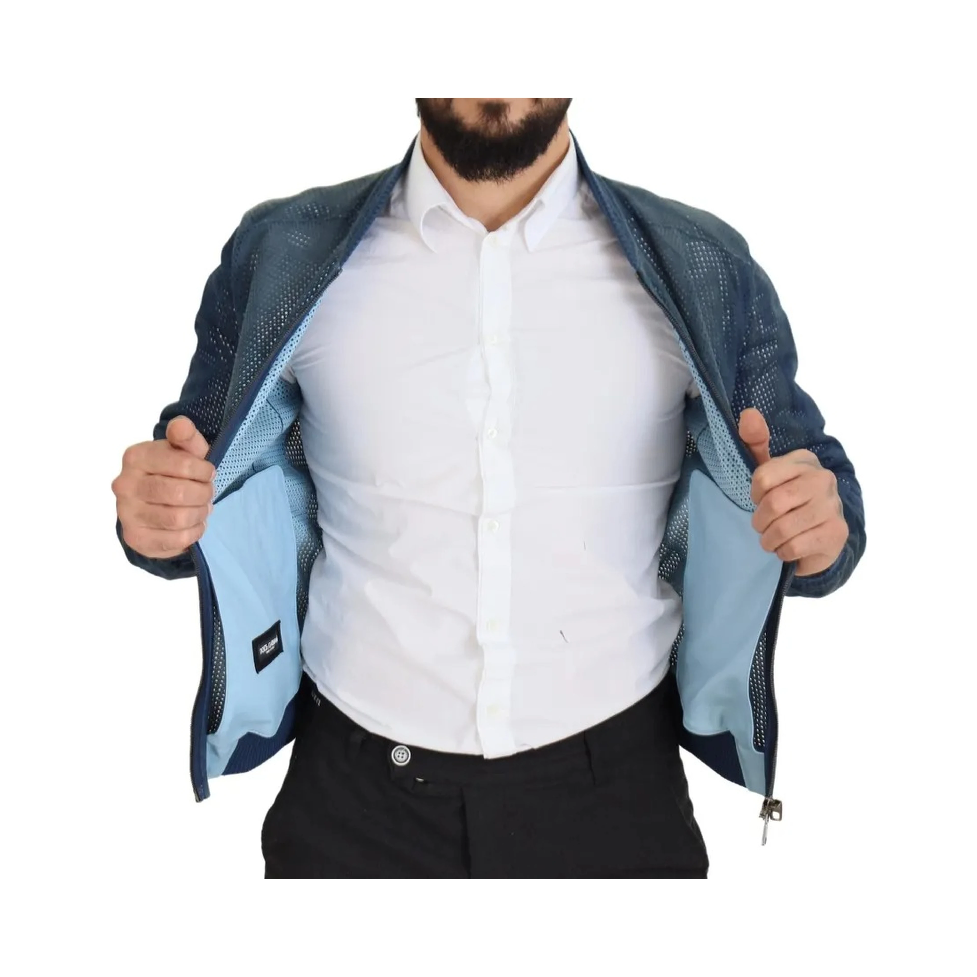 Blue Leather Perforated Full Zip Jacket