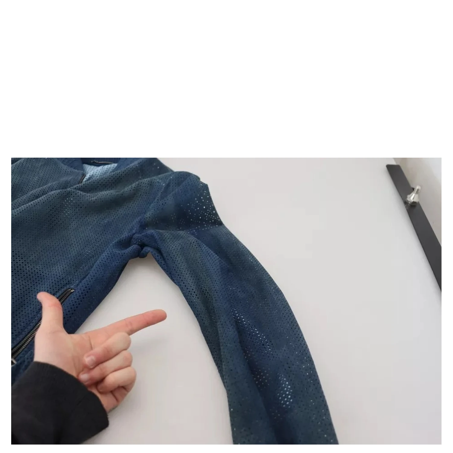 Blue Leather Perforated Full Zip Jacket