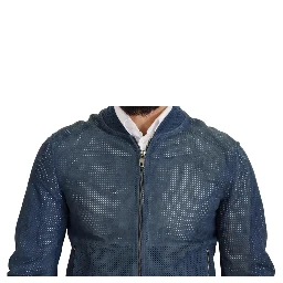 Blue Leather Perforated Full Zip Jacket