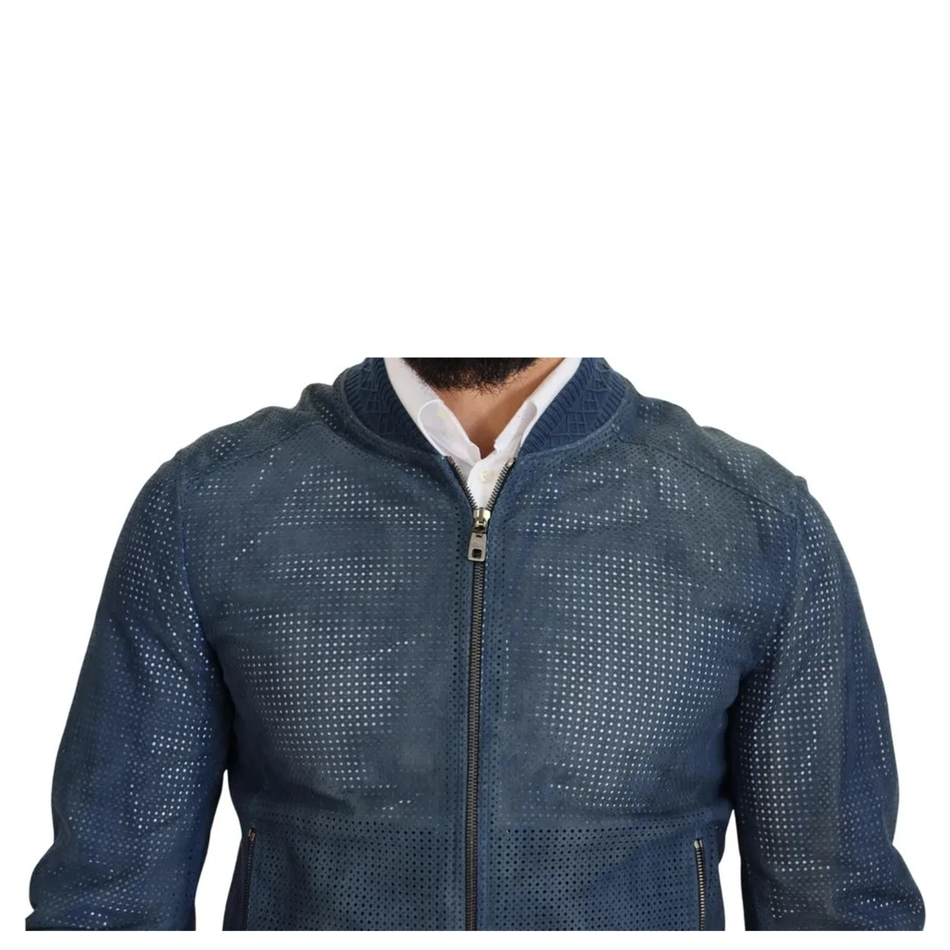 Blue Leather Perforated Full Zip Jacket