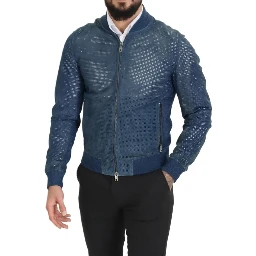 Blue Leather Perforated Full Zip Jacket
