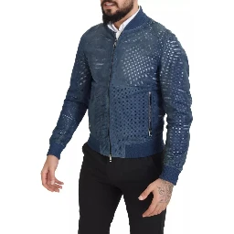 Blue Leather Perforated Full Zip Jacket
