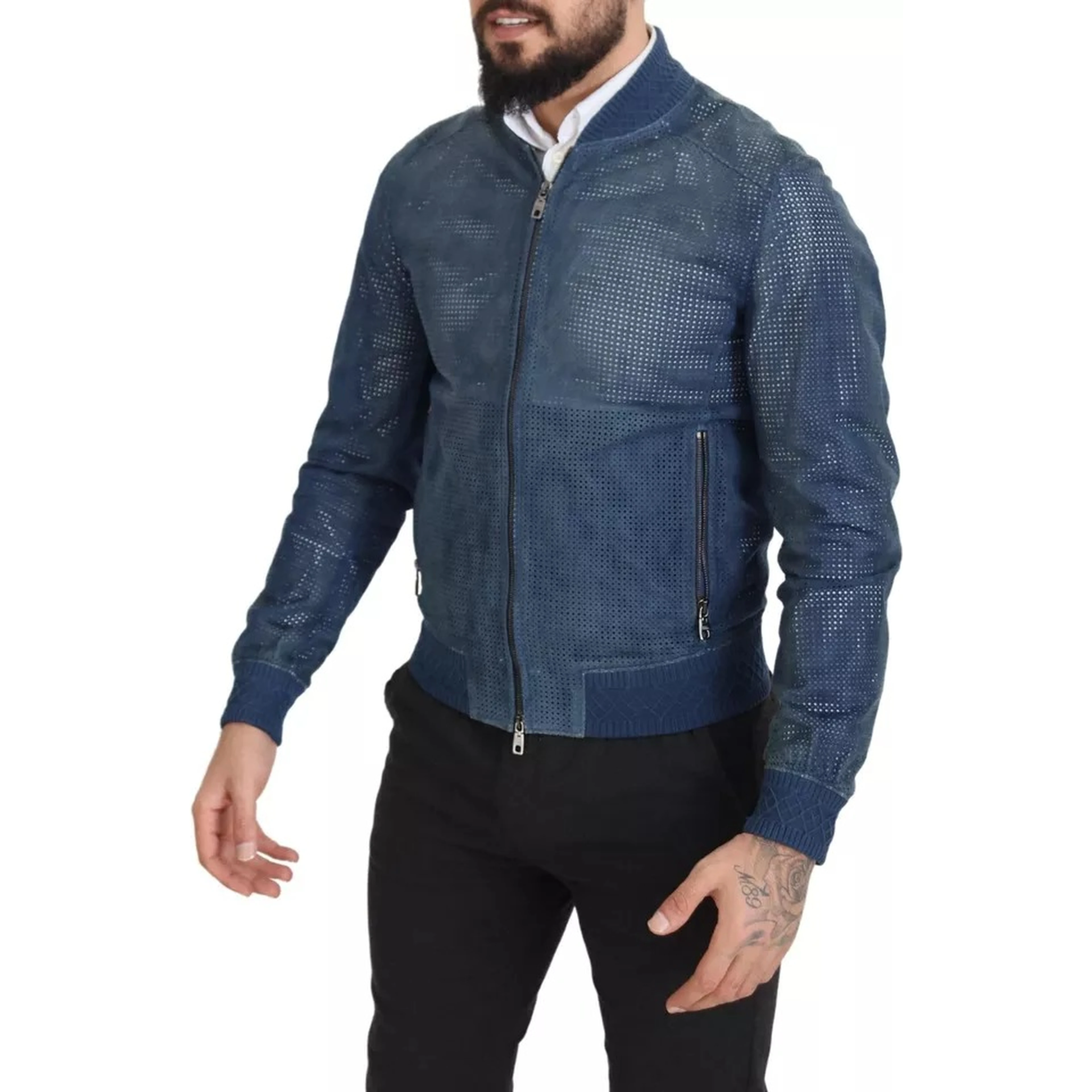 Blue Leather Perforated Full Zip Jacket